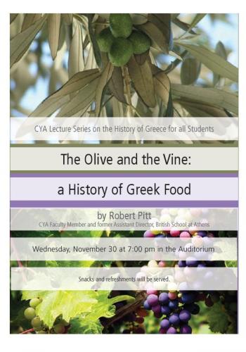 Poster of the CYA lecture “The Olive and the Vine: a History of Greek Food” by Robert Pitt