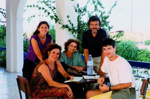 Aegina 1994. Sitting (left to right) Marinetta Papahimona and Mimika Dimitra, the principal instructors of CYA’s Modern Greek immersion course. Standing, their assistant Marina Dimitra and the Director Alexis Phylactopoulos. Sitting next to Alexis, Alex Kalangis on this first spell as a member of the staff