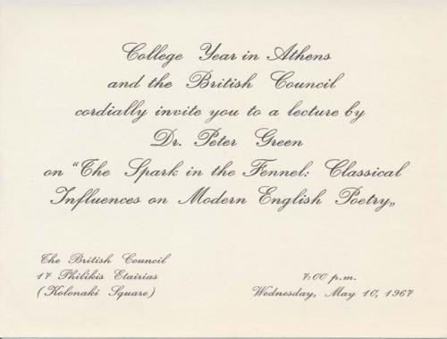  Invitation to the lecture “The Spark in the Fennel, Classical Influences on Modern English Poetry” by Dr. Peter Green, May 10, 1967