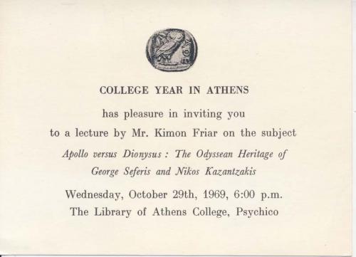 Invitation to the lecture “Apollo versus Dionysus: The Odyssean Heritage of George Seferis and Nikos Kazantzakis” by Kimon Friar, October 29, 1969