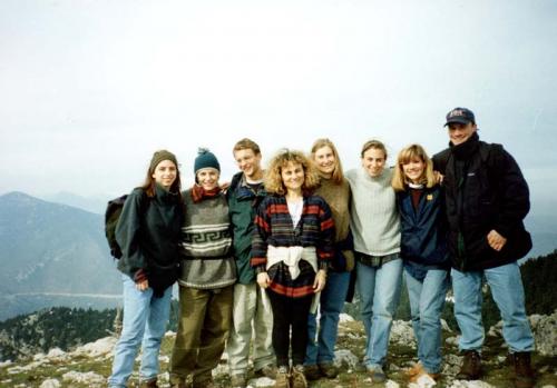 Nadia Meliniotis with students on a hike, April 1995