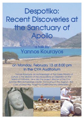 Poster for the talk “Despotiko: Recent Discoveries at the Sanctuary of Apollo” by Yannos Kourayos, February 2006