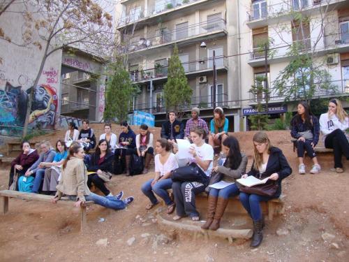 Dr. Aimee Placas with her students at the neighborhood of Exarchia in Athens, Fall 2012.